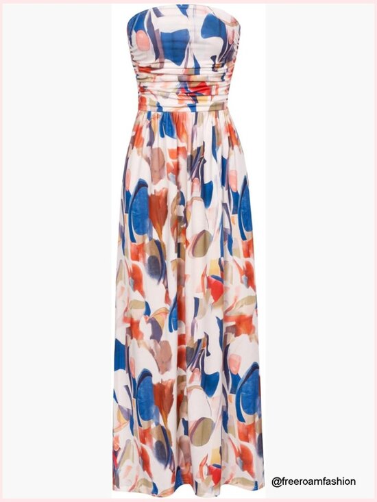 Dresses & Skirts - Strapless Ruched Maxi Dress with Pockets Elastic High Waist Flowy